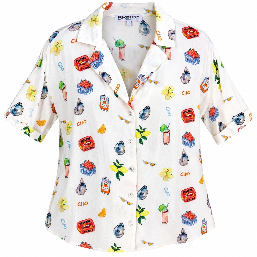 Princess Polly Ciao Lemon Oyster Sardine Print Button Down Shirt US 2 Vacation